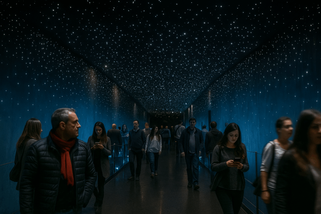 Visitors walk through a dark immersive hallway with walls and ceilings lit by hundreds of tiny star-like lights. The space evokes a galaxy or night sky, blending architecture and wonder.