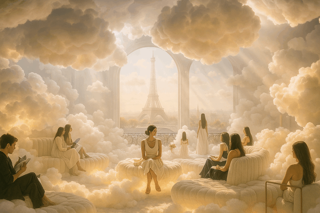 Un salon immersif onirique rempli de nuages et baigné de lumière douce, où des personnes lisent ou contemplent la Tour Eiffel à travers de grandes arches. Une scène irréelle mêlant culture, histoire et imagination.