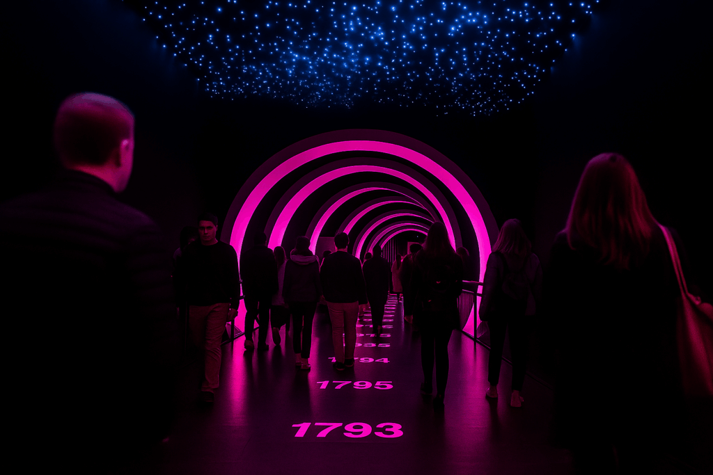 Visitors walk through a futuristic, fuchsia-lit tunnel with glowing dates on the floor, creating a timeline effect. The ceiling above is filled with small blue lights evoking a starry sky.