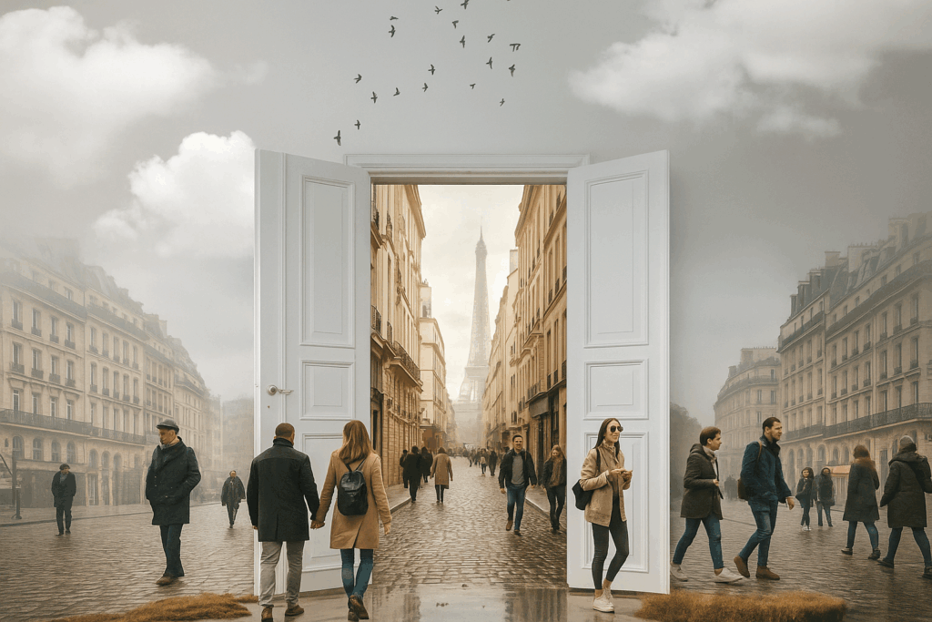 Scène parisienne surréaliste où des passants franchissent une immense porte ouverte, quittant un Paris brumeux et flou pour entrer dans une rue ensoleillée menant à la Tour Eiffel. L’image évoque le passage entre mémoire et réalité.