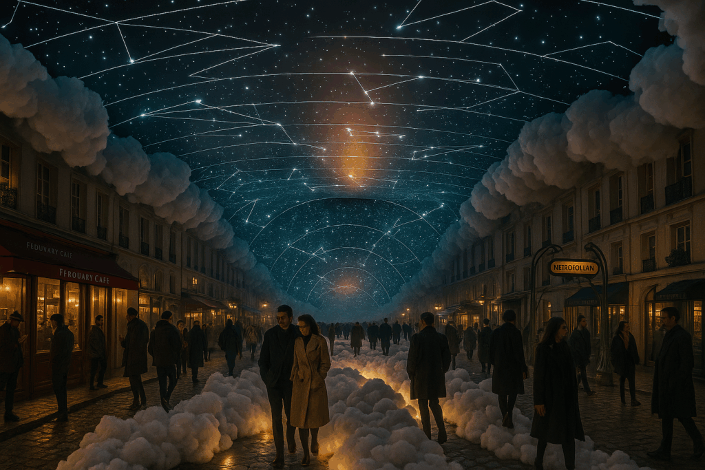 An immersive nighttime street scene in Paris with glowing clouds along the cobblestones and a constellation-filled sky projected above. Couples and pedestrians walk under a surreal canopy of stars and fog.