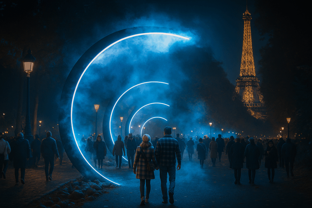 A night scene in Paris with illuminated blue arcs forming a futuristic walkway, leading toward the Eiffel Tower. People walk through mist and glowing light in an immersive, dreamlike atmosphere.