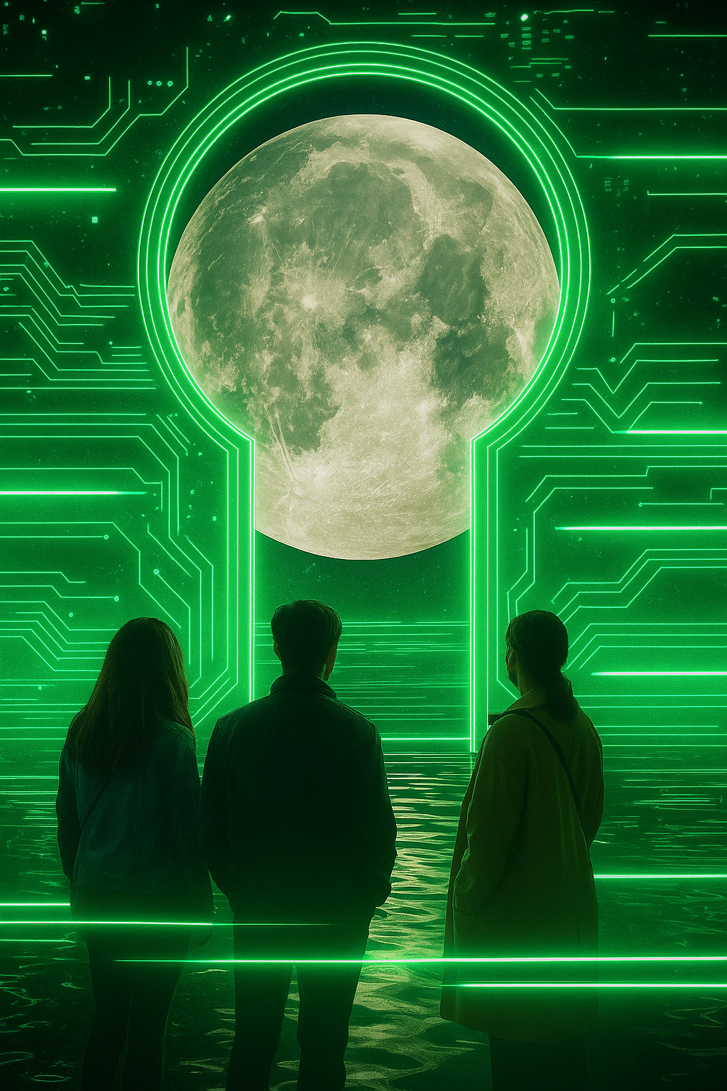 Three people gaze at a glowing moon through a futuristic keyhole-shaped portal surrounded by neon green circuit lines, symbolizing digital immersion in cultural travel.