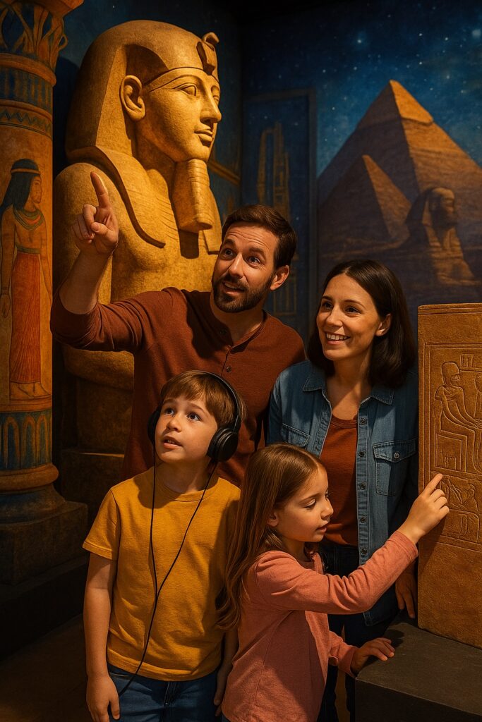 Family exploring an immersive Egyptian exhibition with kids