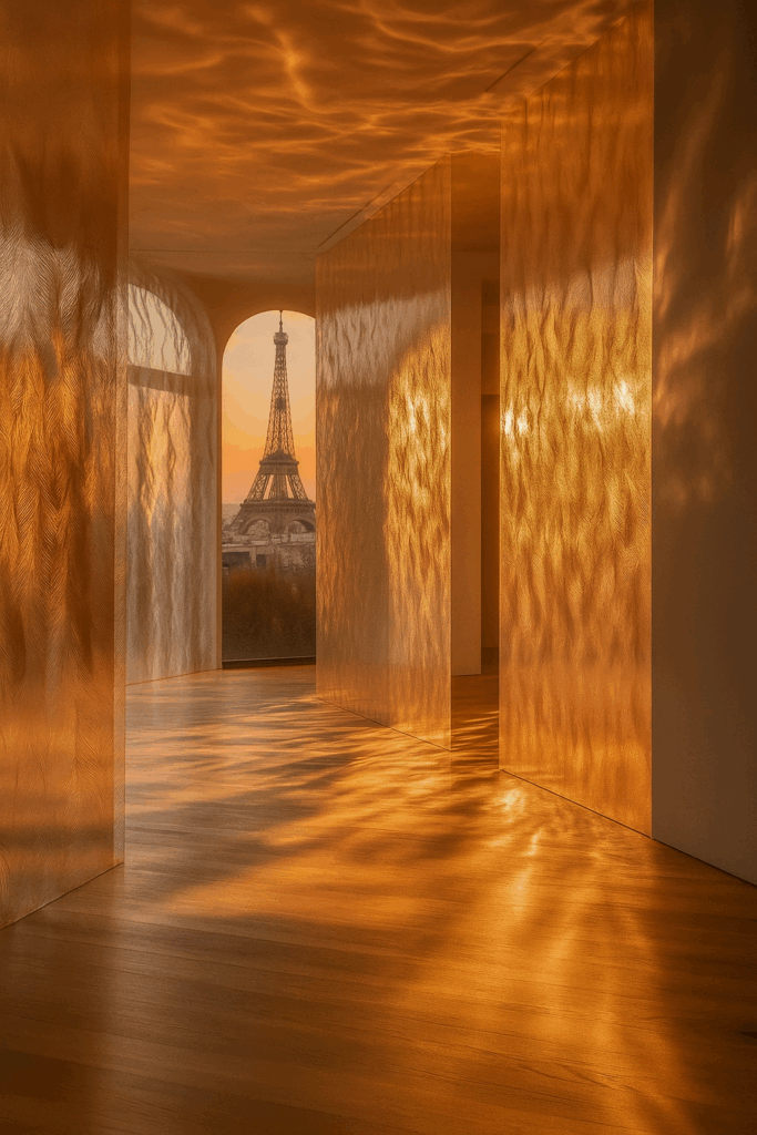Golden light fills a modern Parisian interior with textured walls, framing the Eiffel Tower through an arched window, symbolizing emotional design in architecture.