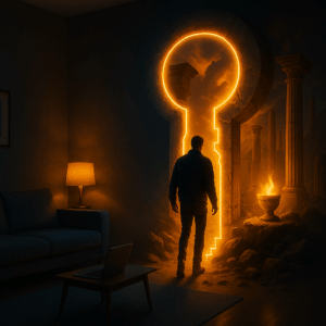 A man steps through a glowing key-shaped portal from his living room into an ancient world with columns and fire.