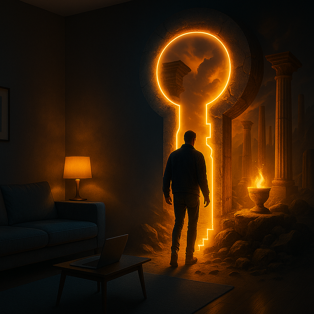 A man steps through a glowing key-shaped portal from his living room into an ancient world with columns and fire.