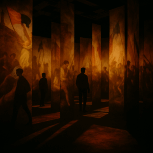 Immersive exhibition scene with visitors walking among tall illuminated panels, displaying vivid revolution-era paintings with dramatic lighting and shadows.