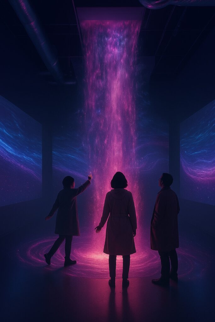 Visitors engage with interactive elements—a magenta digital waterfall reacting to touch inside an immersive experience.