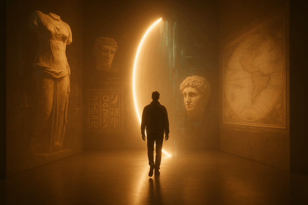 A cinematic scene of a person walking toward a glowing, crescent-shaped portal surrounded by ancient sculptures, hieroglyphs, and a vintage world map. The atmosphere blends golden light and mist, evoking a feeling of time travel and immersive storytelling.