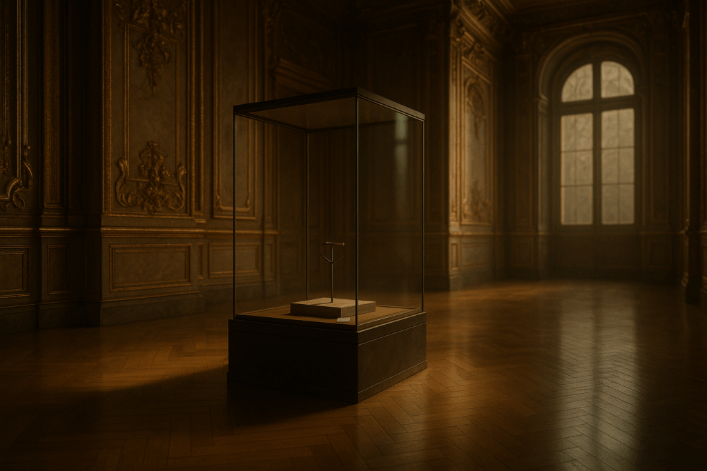 Empty glass vitrine in an ornate gallery at dusk, inspired by the Louvre’s Galerie d’Apollon.