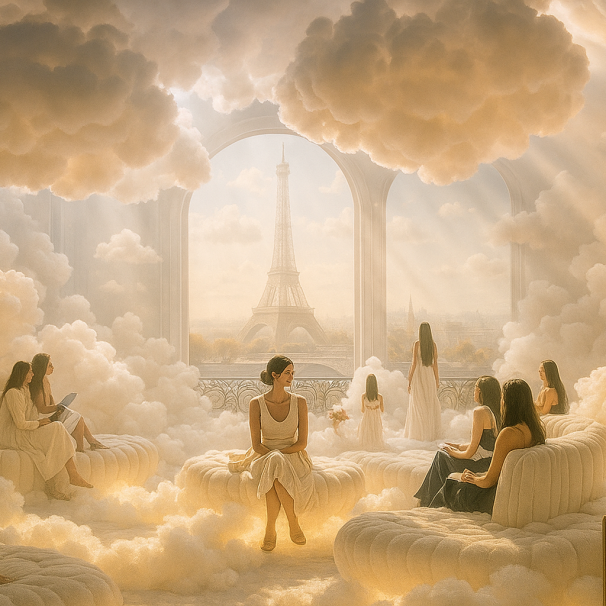 A dreamy, immersive lounge filled with clouds and soft light, with people seated and reading while gazing at the Eiffel Tower through grand arched windows. Evokes a surreal blend of culture, history, and imagination.
