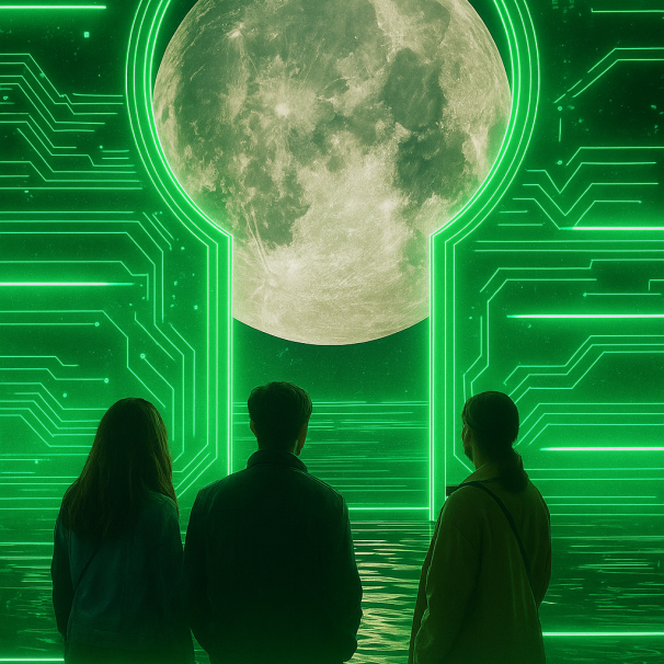 Three people gaze at a glowing moon through a futuristic keyhole-shaped portal surrounded by neon green circuit lines, symbolizing digital immersion in cultural travel.